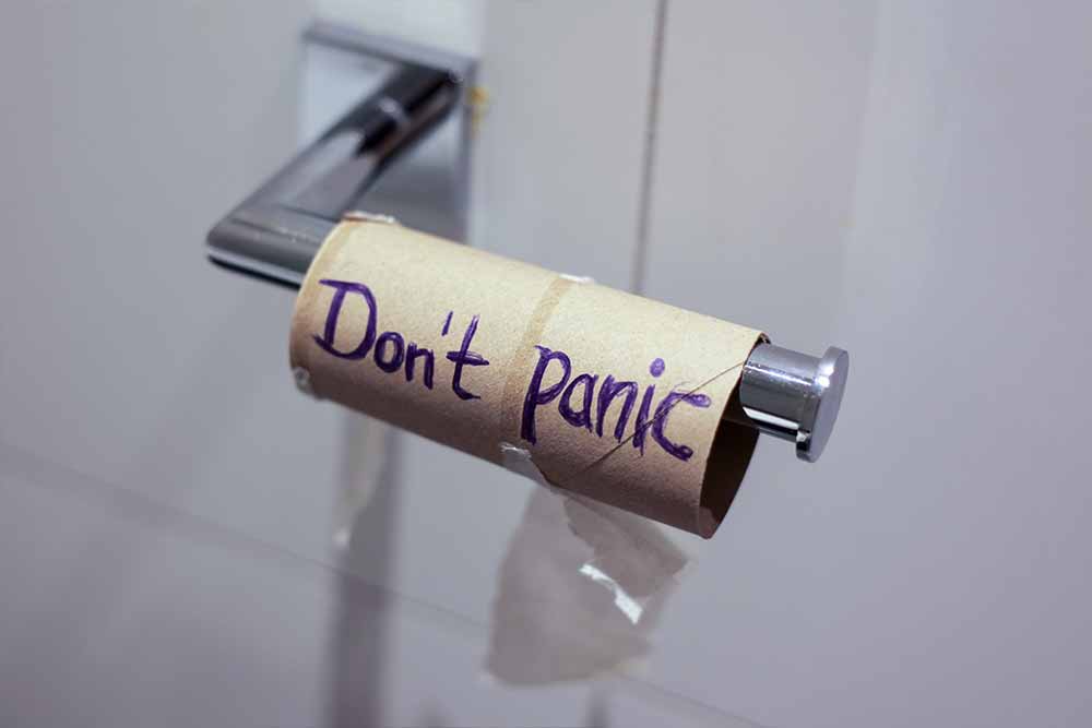 empty toilet roll with don't panic written on it